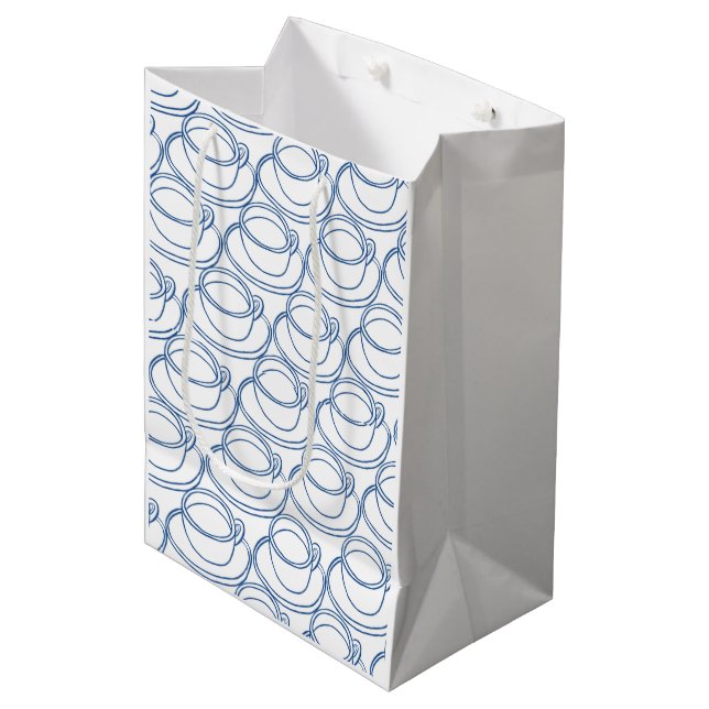 Blue and white line art tea-cups medium gift bag (Front Angled)