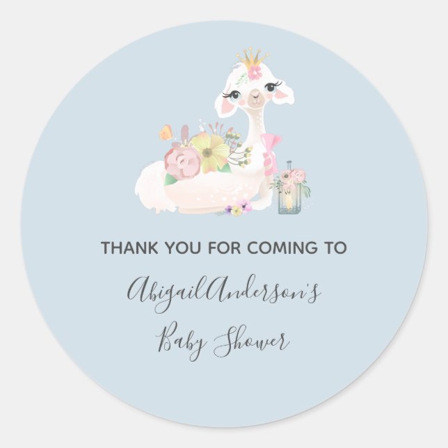Blue and White Llama Baby Boy baby shower  Classic Round Sticker (Front)