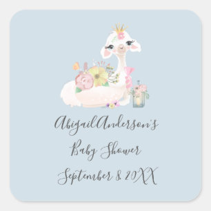 Blue and White Llama Baby Boy baby shower Square Sticker