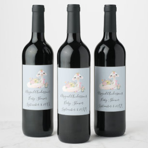 Blue and White Llama Baby Boy baby shower wine Label