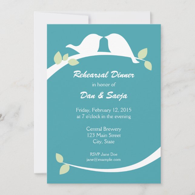 Blue and White Love Birds Rehearsal Dinner Invites (Front)