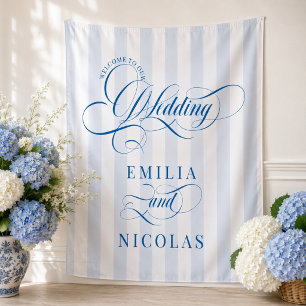 Blue and White Luxury Wedding Welcome Sign Tapestry