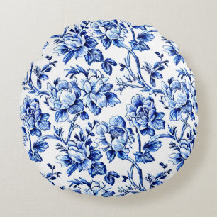 Blue and White Magnolia Toile de Jouy Round Cushion