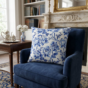 Blue and White Magnolias Toile de Jouy Cushion