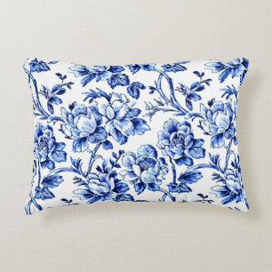 Blue and White Magnolias Toile de Jouy Decorative Cushion