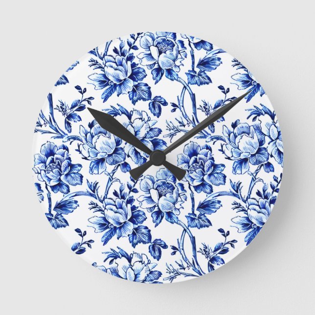 Blue and White Magnolias Toile de Jouy Round Clock (Front)