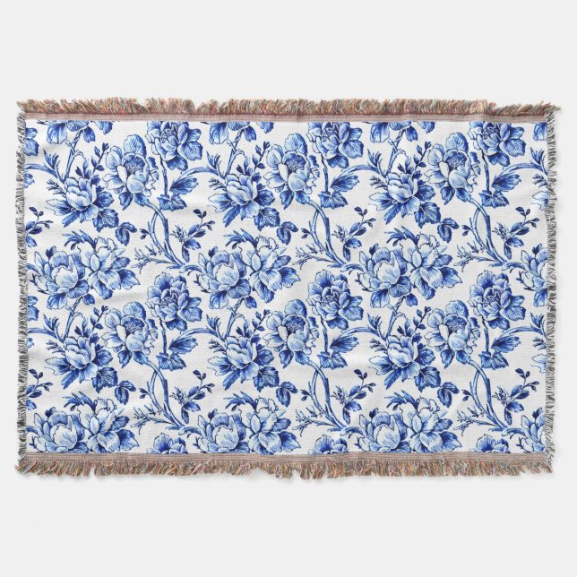 Blue and White Magnolias Toile de Jouy Throw Blanket (Front)