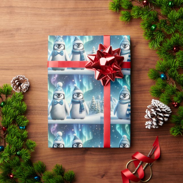 Blue and White Majestic Christmas Penguins Wrapping Paper (Holiday Gift)