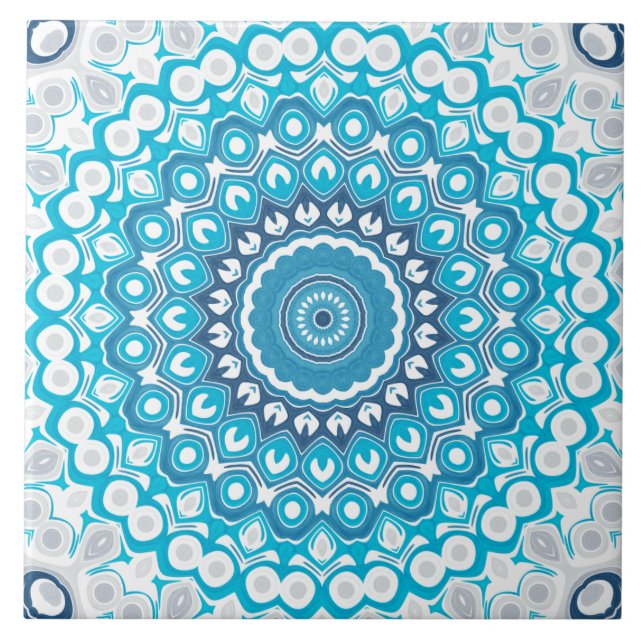 Blue and White Mandala Frosted Winter Geometric Ceramic Tile (Front)