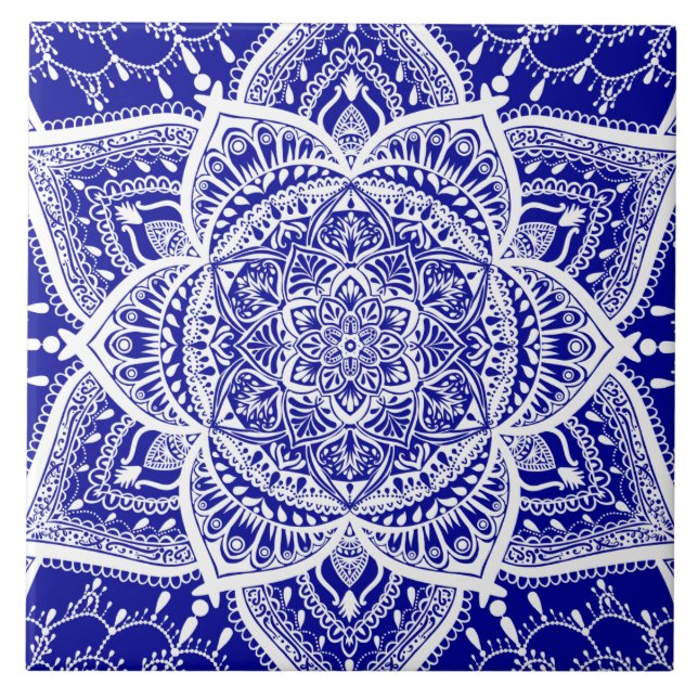 Blue and White Mandala - Loergann in Sapphire Ceramic Tile (Front)