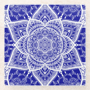 Blue and White Mandala - Loergann in Sapphire Glass Coaster