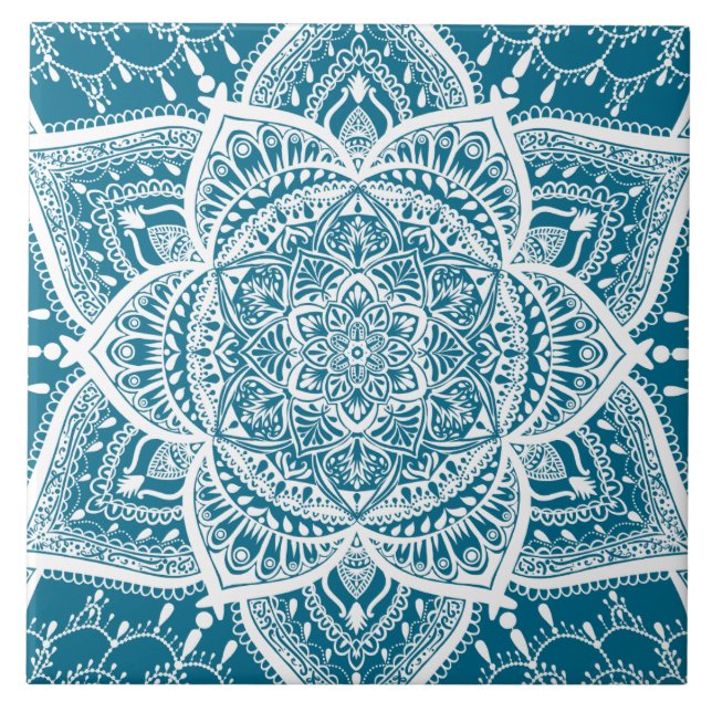 Blue and White Mandala - Loergann in Woad Ceramic Tile (Front)