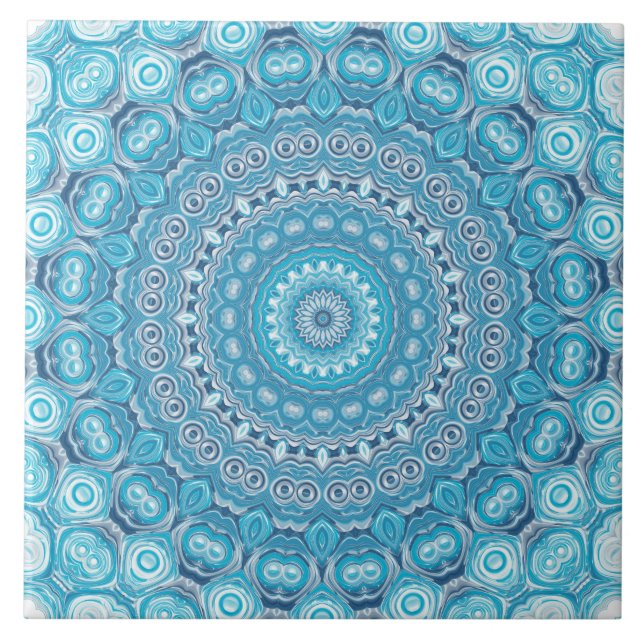 Blue and White Mandala Pattern Design Ceramic Tile (Front)