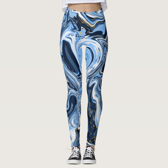 Blue and White Marble Fluid Art  Leggings (Front)