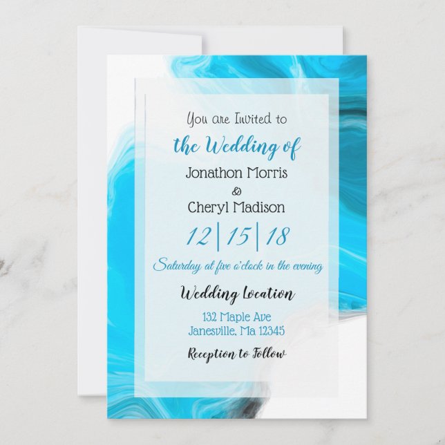 Blue and White Marble  Fluid Art Wedding   Invitation (Front)