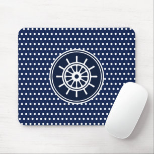 Blue And White Maritime Style, Ship's Wheel Mouse Pad