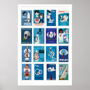 Blue and White Matchbox Label Collage, clean Poster