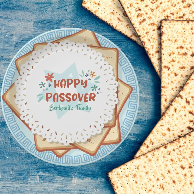 Blue and White Matzah Jewish Holiday Passover Paper Plate (Creator Uploaded)