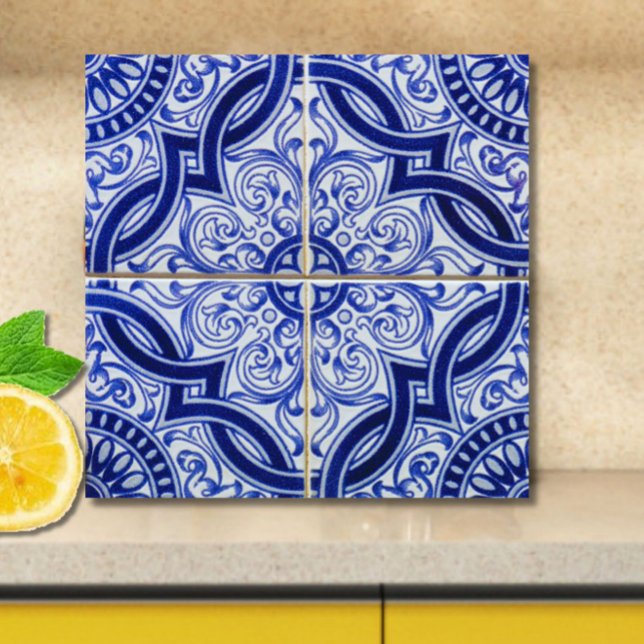 Blue and White Mediterranean Azulejo Pattern Ceramic Tile (A vintage azulejo blue + white tile pattern to add brightness, personality + elegance to your space.)