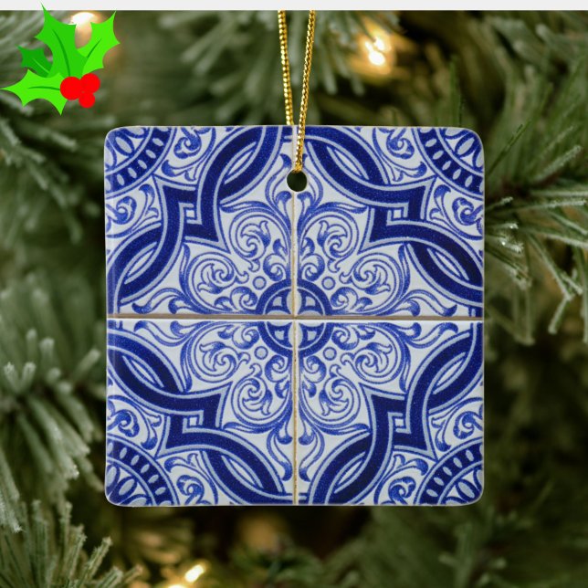 Blue and White Mediterranean Azulejo Tile Pattern Ceramic Ornament (Add rustic elegance to your Christmas with this classic blue/white Portuguese tile pattern ornament)