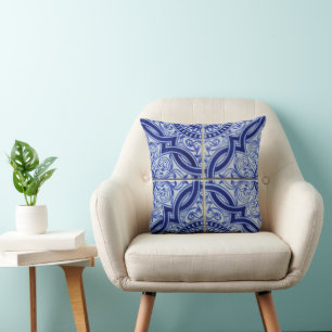 Blue and White Mediterranean Ceramic Tile Pattern Cushion