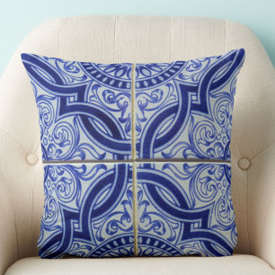 Blue and White Mediterranean Ceramic Tile Pattern Cushion