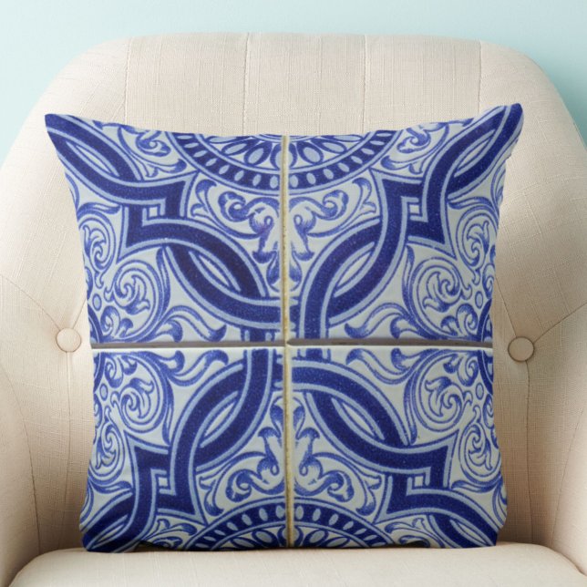Blue and White Mediterranean Ceramic Tile Pattern Cushion (An elegant blue and white vintage Portuguese tile pattern throw pillow to add style to your space.)