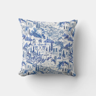 Blue and White Mediterranean Coastal Village Toile Cushion