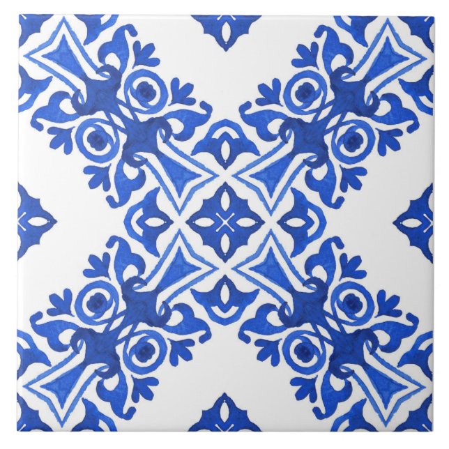 Blue and White Mediterranean Patterned Ceramic Tile (Front)