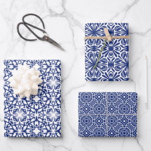 Blue and White Mediterranean Tile Pattern Wrapping Paper Sheet