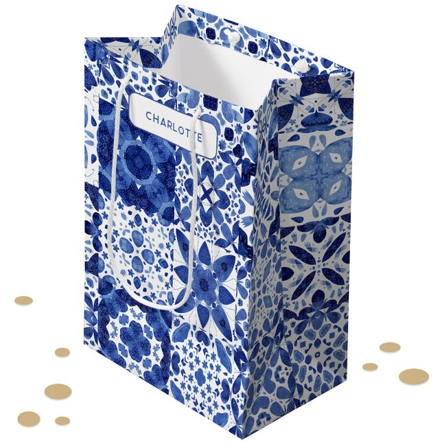 Blue and White Mediterranean Tile Personalised Medium Gift Bag (Mediterranean blue and white tile pattern personalized name gift bag)