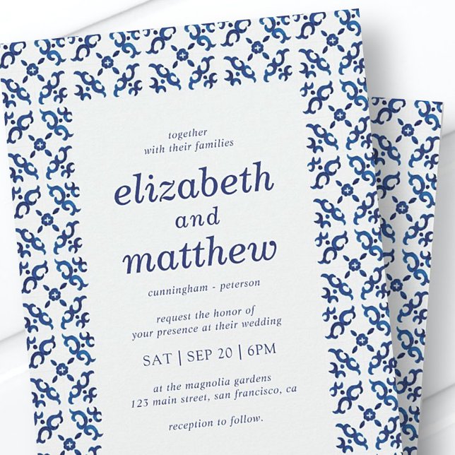 Blue and White Mediterranean Tiles Wedding Invitation (Creator Uploaded)