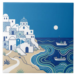 Blue and White Mediterranean Village and Seascape Ceramic Tile