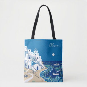 Blue and White Mediterranean Village and Seascape Tote Bag
