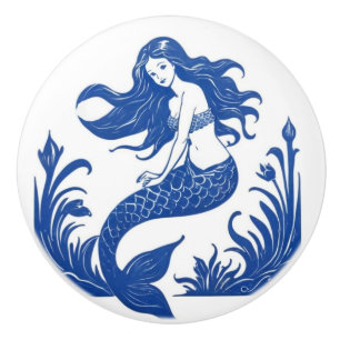 Blue and White Mermaid Ceramic Knob