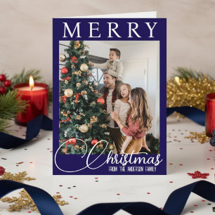 Blue And White Merry Christmas Family Photo Holiday Card