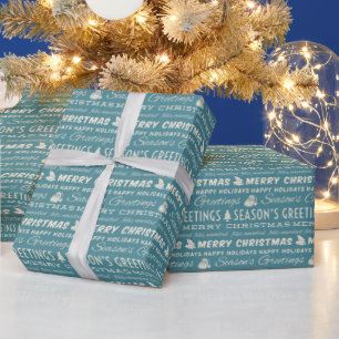 Blue and White Merry Christmas Retro Typography Wrapping Paper