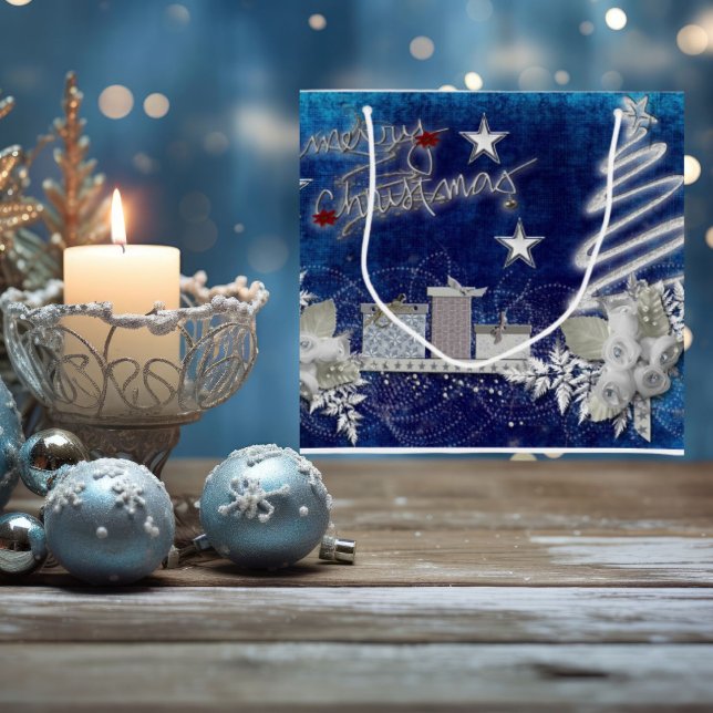 Blue and White Merry Christmas with Roses Gift Bag (Creator Uploaded)