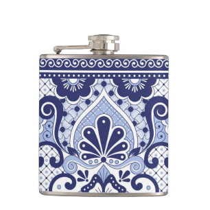 Blue and White Mexican Talavera Folk Art Tile Hip Flask