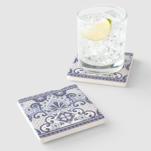 Blue and White Mexican Talavera Folk Art Tile  Stone Coaster