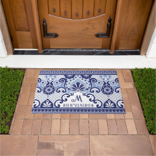 Blue and White Mexican Tile Monogram   Bienvenidos Doormat