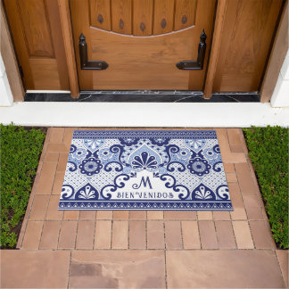 Blue and White Mexican Tile Monogram | Bienvenidos Doormat