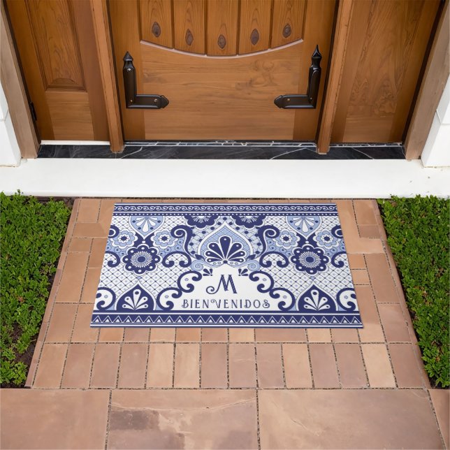 Blue and White Mexican Tile Monogram | Bienvenidos Doormat (Outdoor)