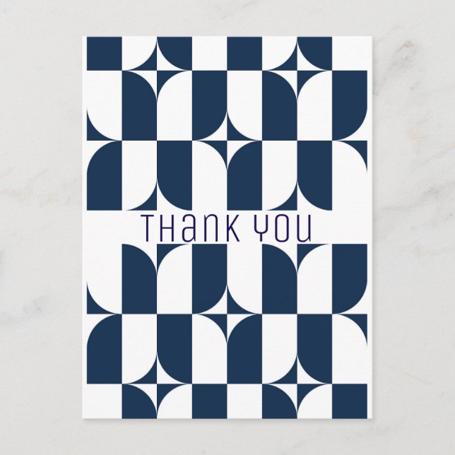 Blue and white mid-century modern postcard (Front)