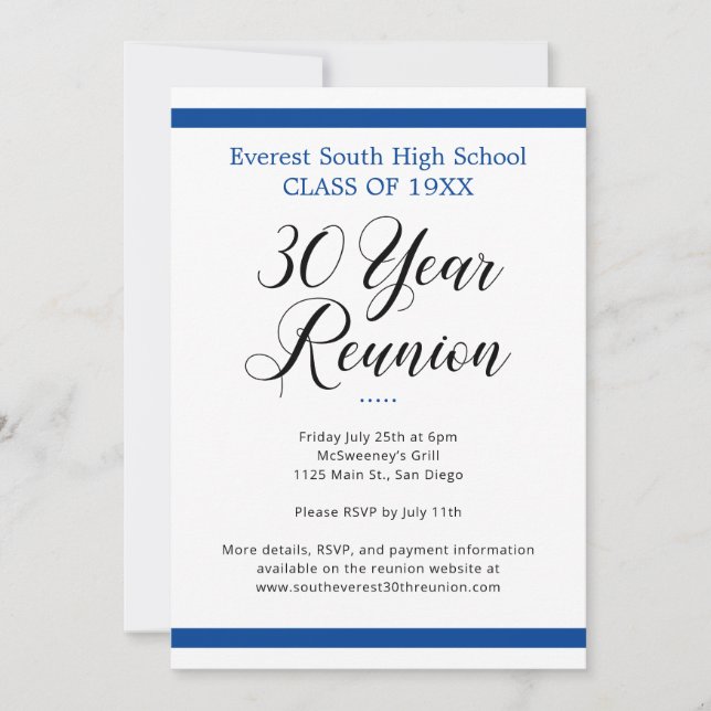 Blue and White Minimalist 30 Year Class Reunion Invitation (Front)