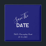 Blue and White Minimalist Wedding Save the Date Magnet<br><div class="desc">.: Minimalist Wedding save-the-date with a beautiful indigo blue background and contrasting white font
.: Completely customizable- change the text,  font,  font size and font color.
.: Coordinating items available
.: Design available in other colors as well.</div>