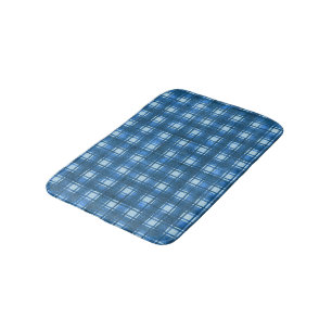 Blue and White Modern Denim Plaid Pattern Bath Mat