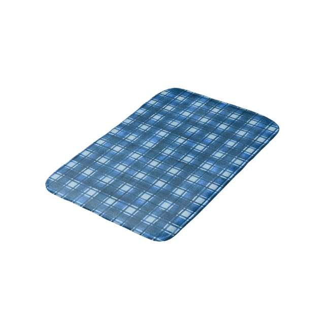 Blue and White Modern Denim Plaid Pattern Bath Mat (Angled)