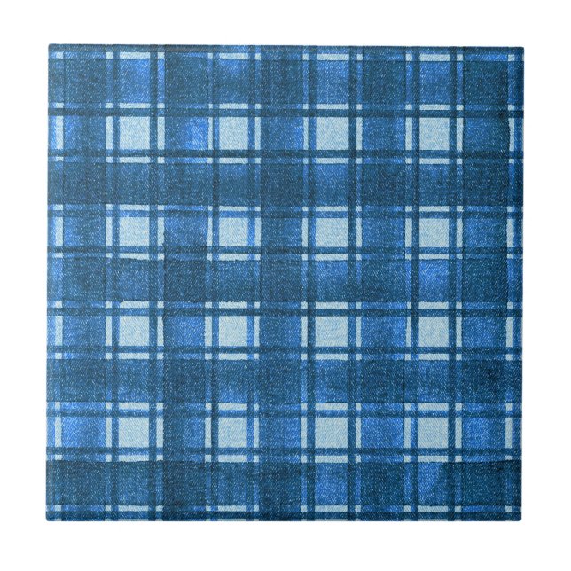 Blue and White Modern Denim Plaid Pattern Ceramic Tile (Front)