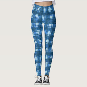 Blue and White Modern Denim Plaid Pattern Leggings